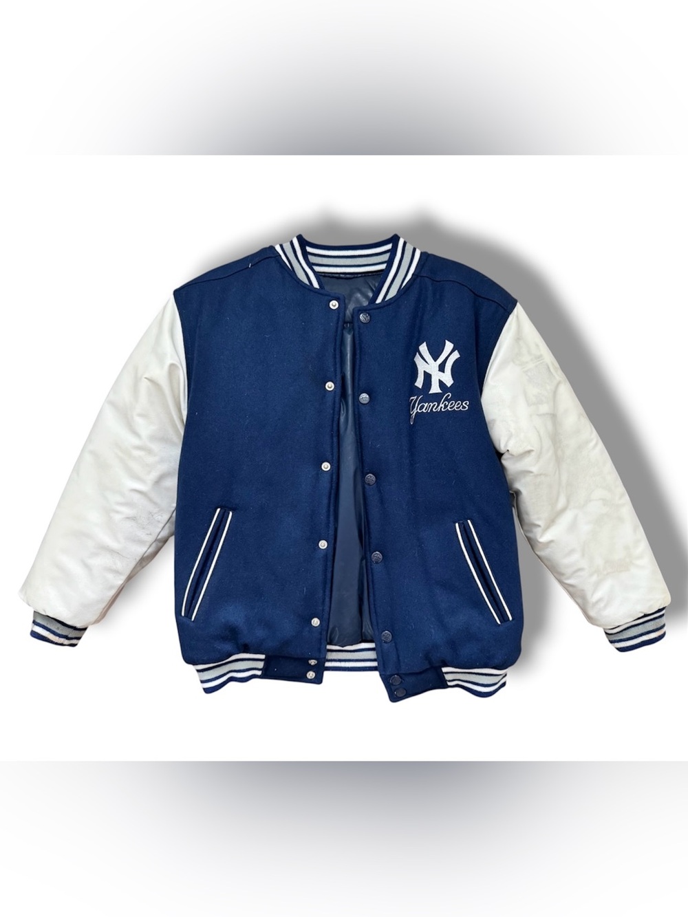 New York Yankees Mighty Mac Letterman Jacket Coat Youth Size M 12/14 Reversible